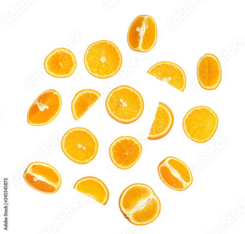 Group of fresh cut orange fruits macro photo isolated on white background