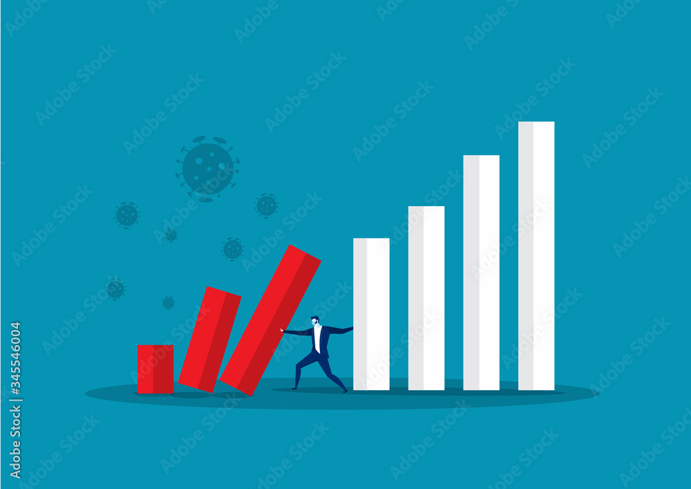 businessman fighting with down graph bar from effect coronavirus 2 businessman fighting with down graph bar from effect coronavirus 2