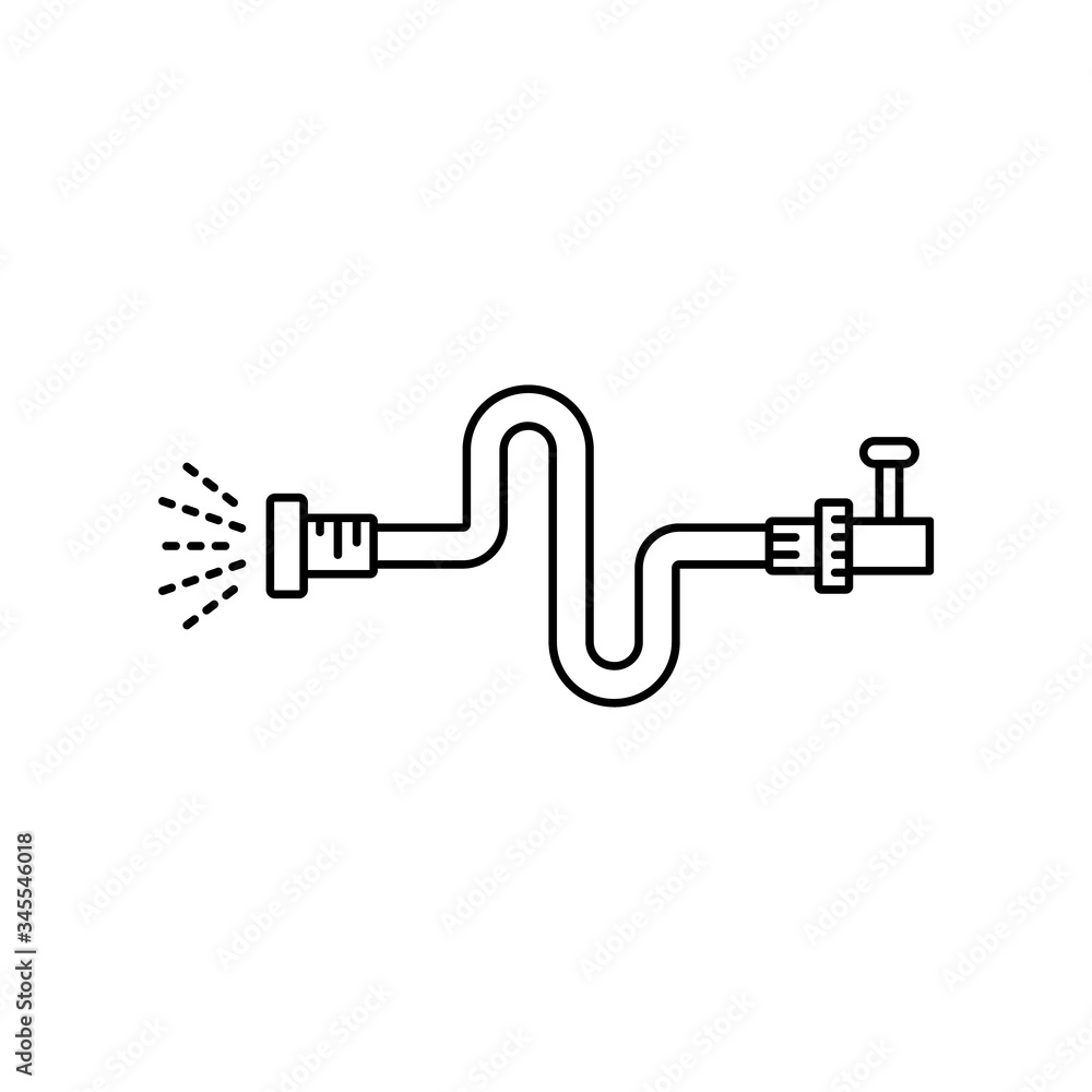 Flexible hose connected to tap with jet of water. Linear icon of irrigation. Black simple illustration of bent pipe with water leakage. Contour isolated vector image on white background