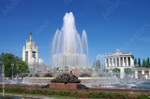 MOSCOW, RUSSIA - May, 2019: Fountain Stone Flower at Exhibition Center in spring day