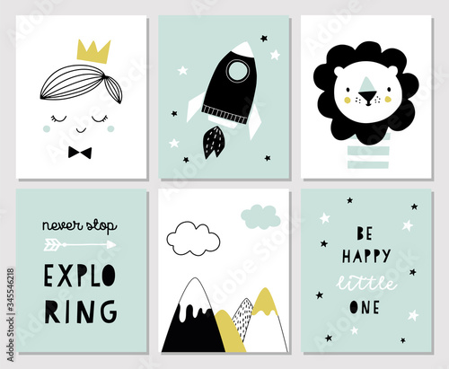 Set of posters for boys room or nursery in scandinavian style. Cute hand drawn illustration for print, baby shower invitation, greeting card. Prince, Lion, Mountains, space rocket, Explorer. 