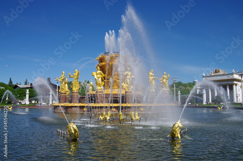MOSCOW, RUSSIA - May, 2019: People’s Friendship fountain at Exhibition Center in spring day