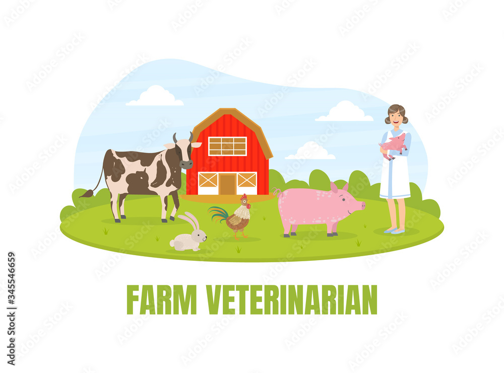 Girl Farmer Standing on Background of Summer Rural Landscape, Agriculture and Farming, Red Barn and Livestock Vector illustration Girl Farmer Standing on Background of Summer Rural Landscape, Agriculture and Farming, Red Barn and Livestock Vector illustration
