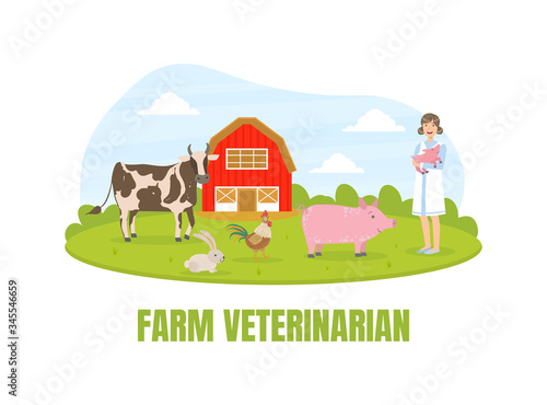 Girl Farmer Standing on Background of Summer Rural Landscape, Agriculture and Farming, Red Barn and Livestock Vector illustration