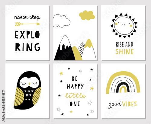 Cute hand drawn nursery poster set with hand lettering in scandinavian style. Kids vector illustration for print, baby shower invitation, greeting cards. Explorer, good vibes, rainbow, Mountain, owl. 
