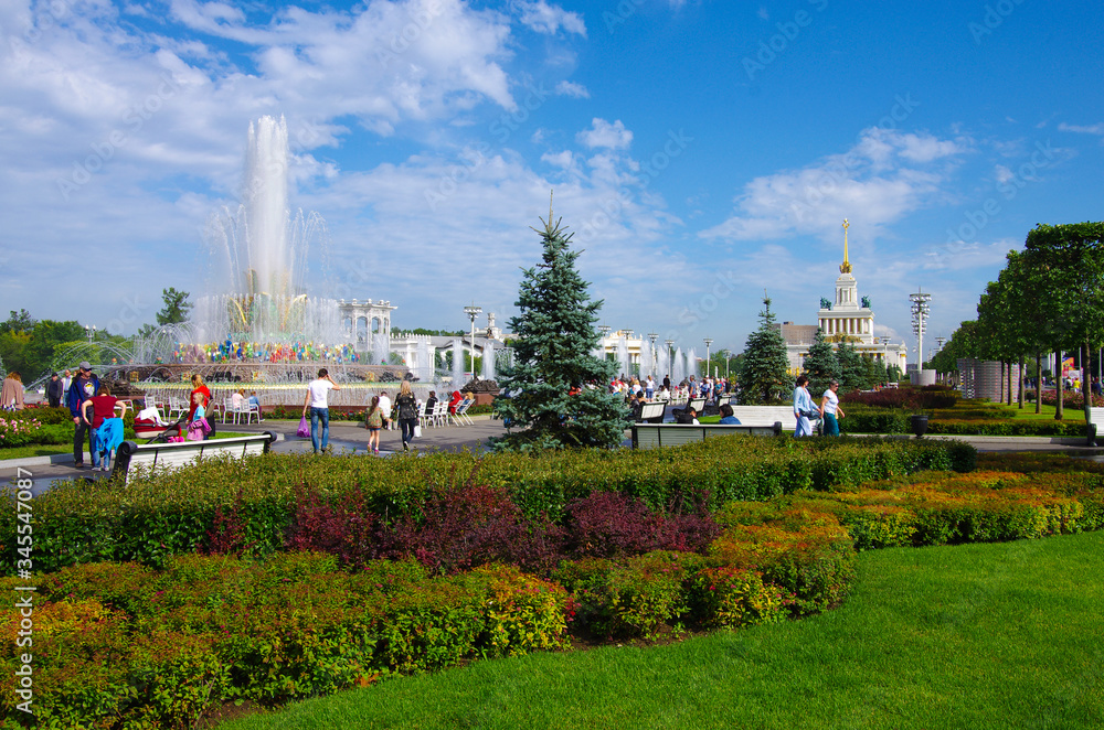 MOSCOW, RUSSIA - July, 2019: Fountain Stone Flower in summer day MOSCOW, RUSSIA - July, 2019: Fountain Stone Flower in summer day