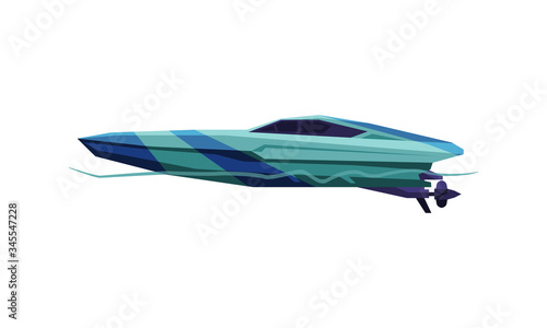 Power Boat or Speedboat, Blue Sailboat, Modern Nautical Motorized Transport Vector Illustration