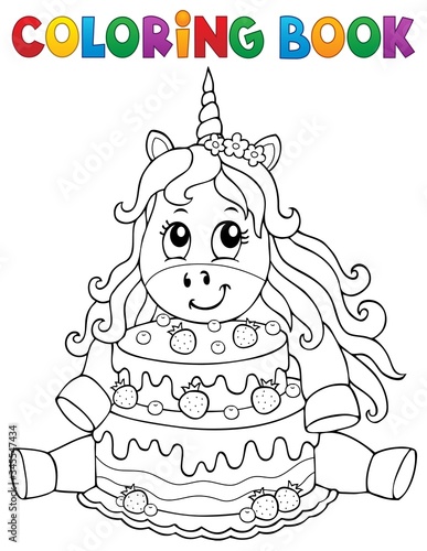 Coloring book unicorn with cake 1