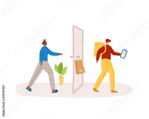 Safe delivery concept - contactless delivery of products or parcels to home to front door, express courier service with safe distance for quarantine - flat cartoon vector. Courier in mask and client