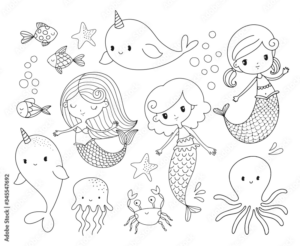 Cute mermaid coloring page in black and white. Little mermaid, sea ...
