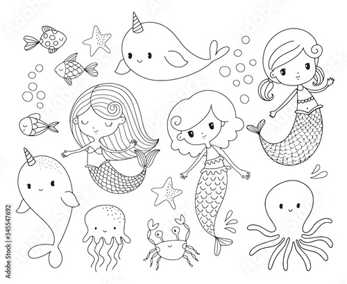 Cute mermaid coloring page in black and white. Little mermaid, sea creatures and other under the sea elements. Vector illustration collection