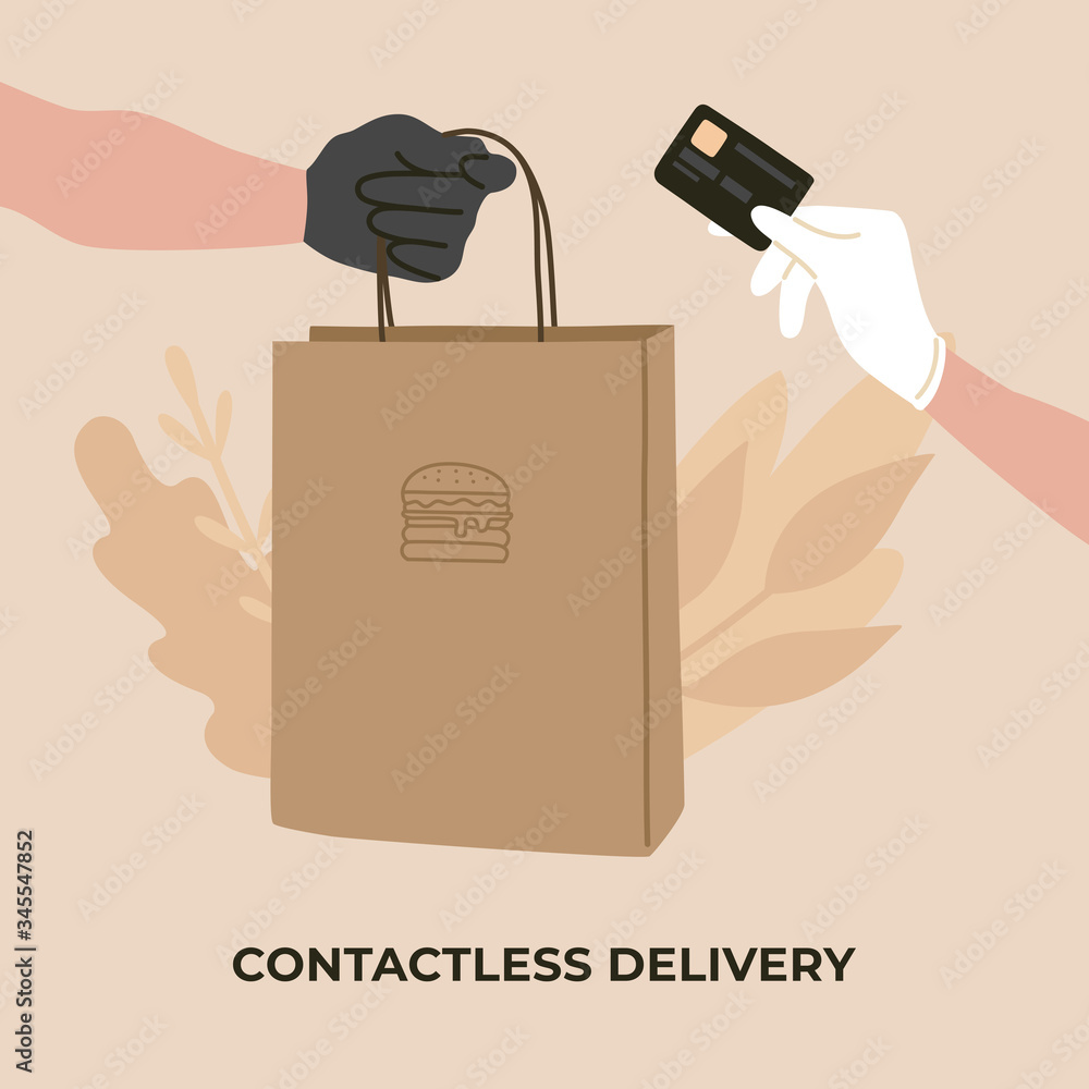 Contactless delivery, gloved hand of a courier with package, female hand in glove with card. Stay safe in quarantine time. Vector illustration. Contactless delivery, gloved hand of a courier with package, female hand in glove with card. Stay safe in quarantine time. Vector illustration.