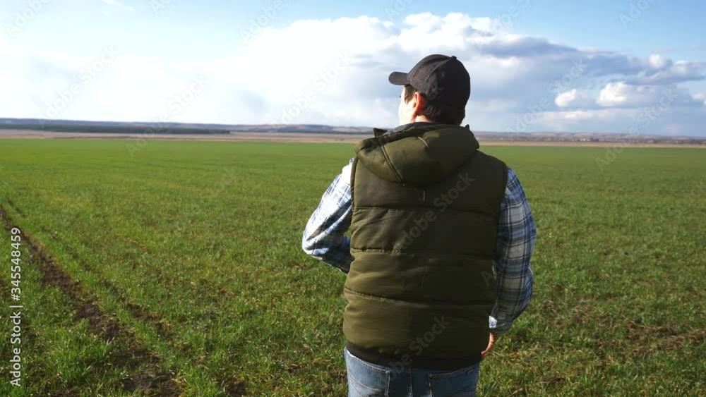 A male farmer walks on a green field, looking at his farm, the future harvest. A male farmer walks on a green field, looking at his farm, the future harvest.