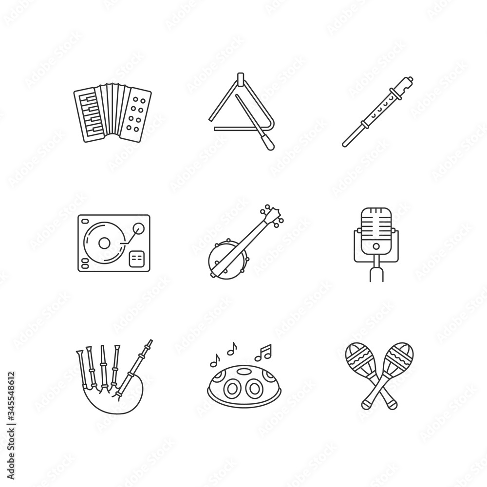 Fototapeta Band musical instruments pixel perfect linear icons set. Accordion with keyboard. Percussion tools. Customizable thin line contour symbols. Isolated vector outline illustrations. Editable stroke