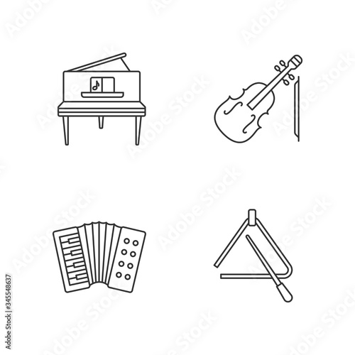 Music performance pixel perfect linear icons set. Orchestral musical instruments. Music performance. Customizable thin line contour symbols. Isolated vector outline illustrations. Editable stroke