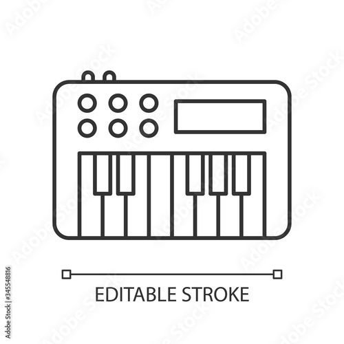 Synthesizer pixel perfect linear icon. Electronic musical instrument for band performance. Thin line customizable illustration. Contour symbol. Vector isolated outline drawing. Editable stroke
