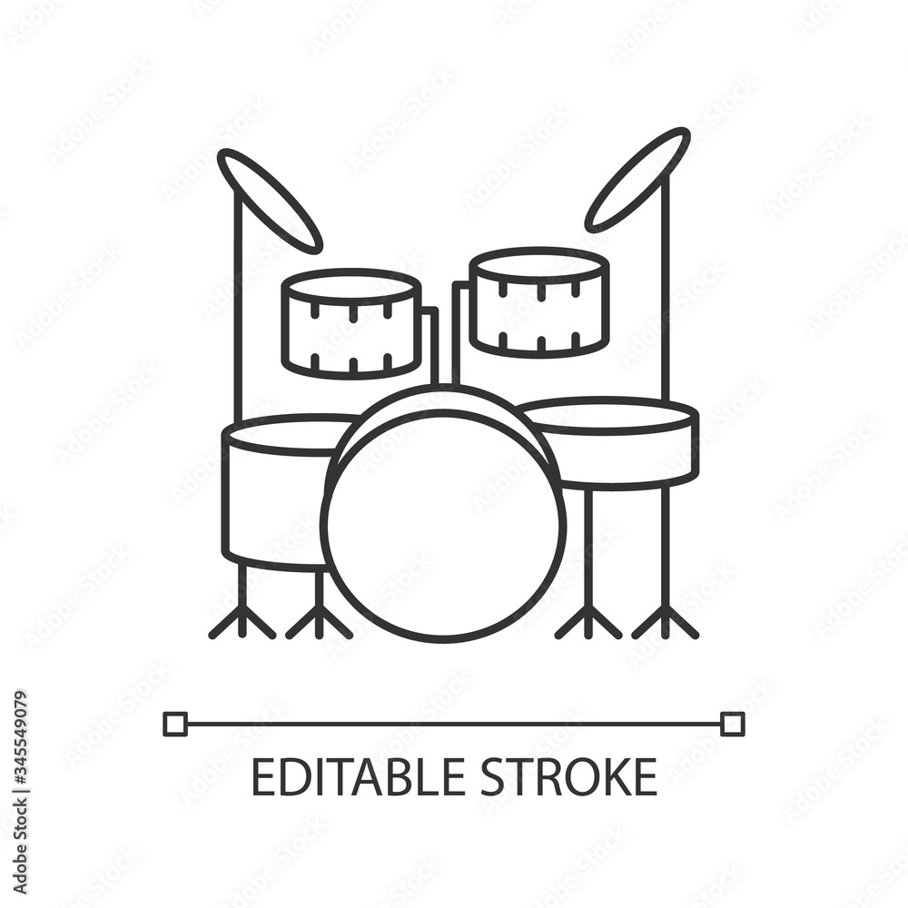 Drum kit pixel perfect linear icon. Musical instrument on stage for