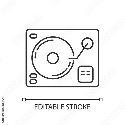 Turntablism pixel perfect linear icon. DJ equipment for party. Song mixer electronic gear. Thin line customizable illustration. Contour symbol. Vector isolated outline drawing. Editable stroke