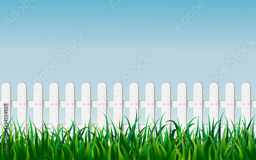 seamless white fence with green grass on blue sky background. Garden fencing. summer backyard. traditional palisade or paling with green lawn banner. vector illustration. spring landscape with hedge.