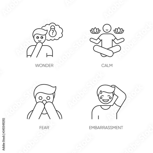 Mental state pixel perfect linear icons set. Sense of wonder. Creative thinking. Man feeling calm. Customizable thin line contour symbols. Isolated vector outline illustrations. Editable stroke