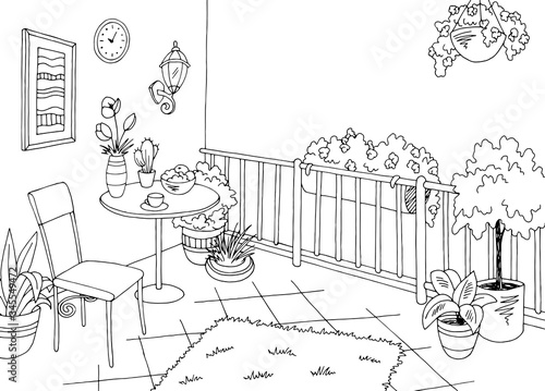 Balcony garden graphic black white interior sketch illustration vector