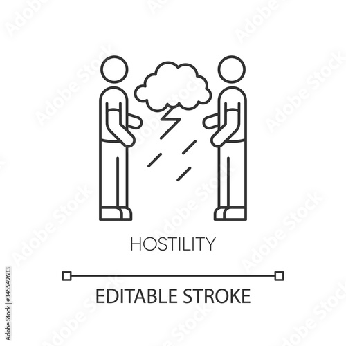 Hostility pixel perfect linear icon. Aggressive behaviour. Dispute with offended man. Thin line customizable illustration. Contour symbol. Vector isolated outline drawing. Editable stroke