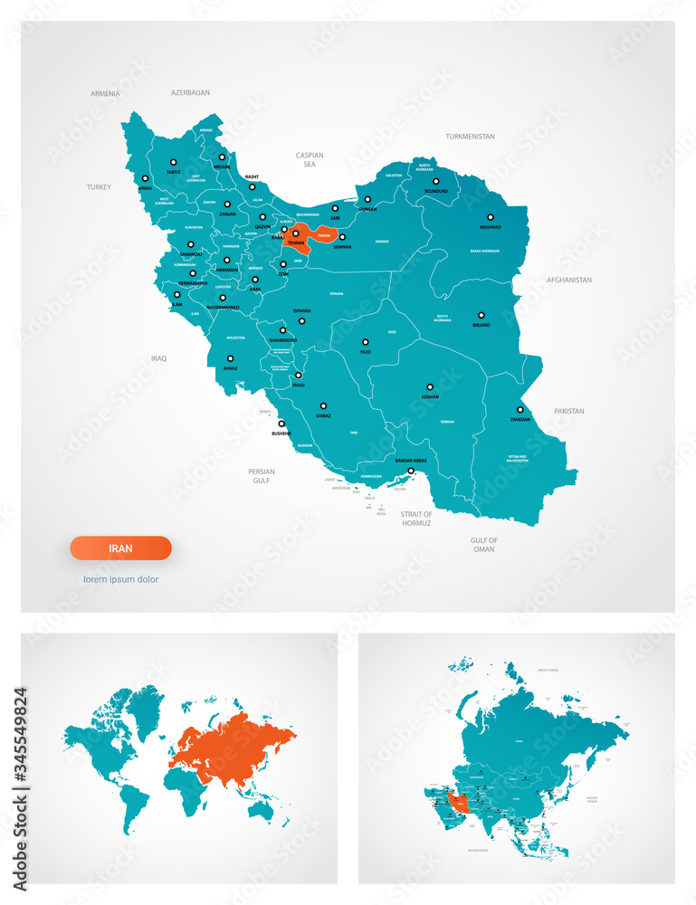 Fototapeta premium Editable template of map of Iran with marks. Iran on world map and on Asia map.