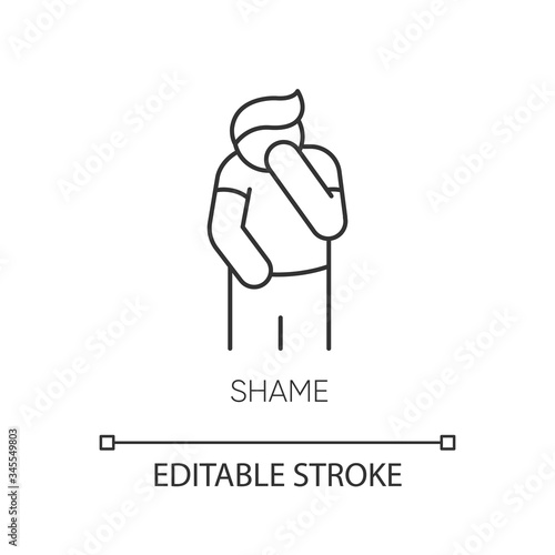 Shame pixel perfect linear icon. Human feeling embarrassed. Social emotion of guilt. Thin line customizable illustration. Contour symbol. Vector isolated outline drawing. Editable stroke