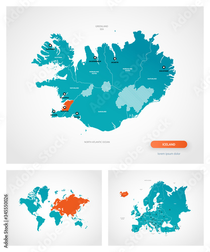 Editable template of map of Iceland with marks. Iceland on world map and on Europe map.