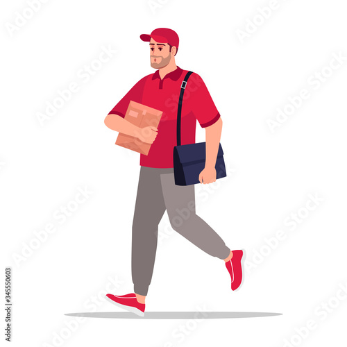 Mail carrier semi flat RGB color vector illustration. Postman walk with order. Worker with cardboard package. Caucasian male courier in red uniform isolated cartoon character on white background