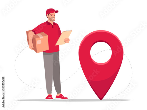 Package geolocation semi flat RGB color vector illustration. GPS pointer to location of parcel. Delivery worker. Caucasian male courier in red uniform isolated cartoon character on white background