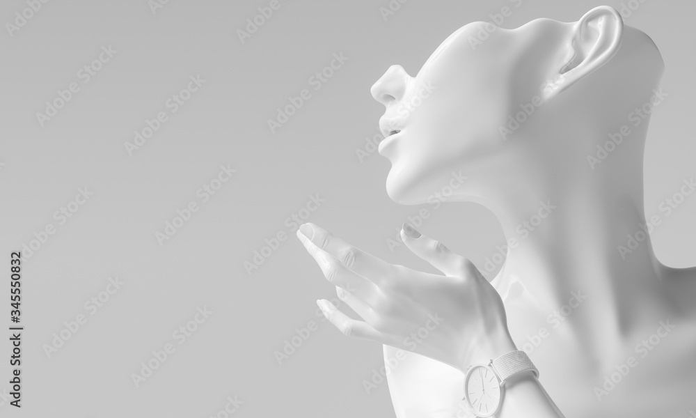 Mannequin earring Jewelry necklace display stand. Female Bust and elegant hand gesture model. Jewelry showcase white background. 3d rendering. - obrazy, fototapety, plakaty 