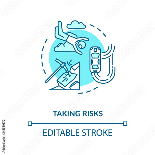 Taking risks concept icon. Extreme recreational sport, personal growth idea thin line illustration. Search for excitement, adrenaline rush. Vector isolated outline RGB color drawing. Editable stroke
