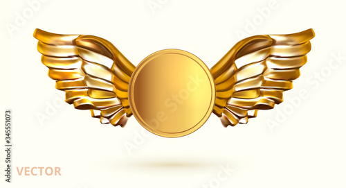3d Emblem with wings, frame for text. Golden wings with a frame. Symbols of sports or business achievements. Vector	