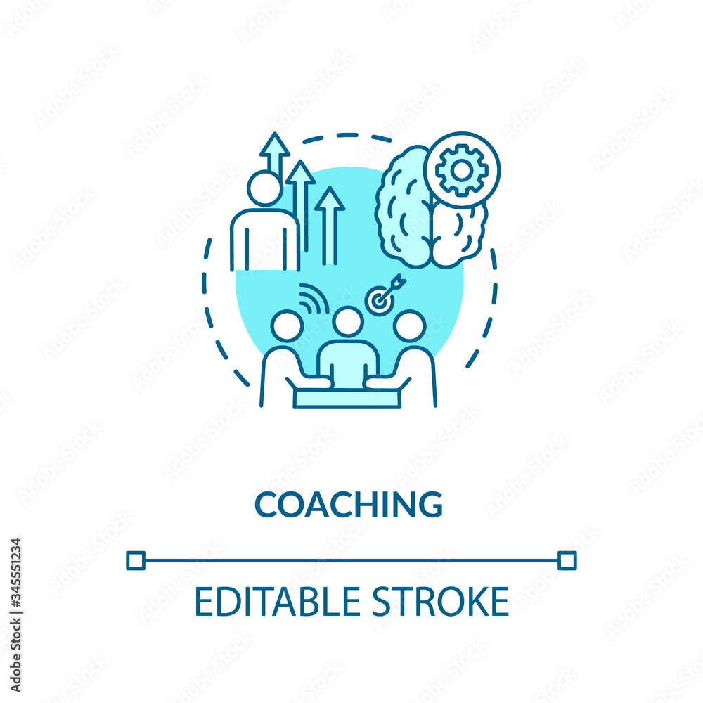 Coaching concept icon. Mentorship program, teamwork idea thin line illustration. Group coworking skills development, team building exercise. Vector isolated outline RGB color drawing. Editable stroke Coaching concept icon. Mentorship program, teamwork idea thin line illustration. Group coworking skills development, team building exercise. Vector isolated outline RGB color drawing. Editable stroke