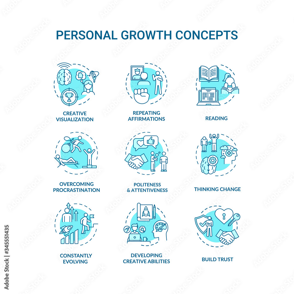 Personal growth concept icons set. Self improvement, goals achievement idea thin line RGB color illustrations. Professional and creative development. Vector isolated outline drawings. Editable stroke Personal growth concept icons set. Self improvement, goals achievement idea thin line RGB color illustrations. Professional and creative development. Vector isolated outline drawings. Editable stroke