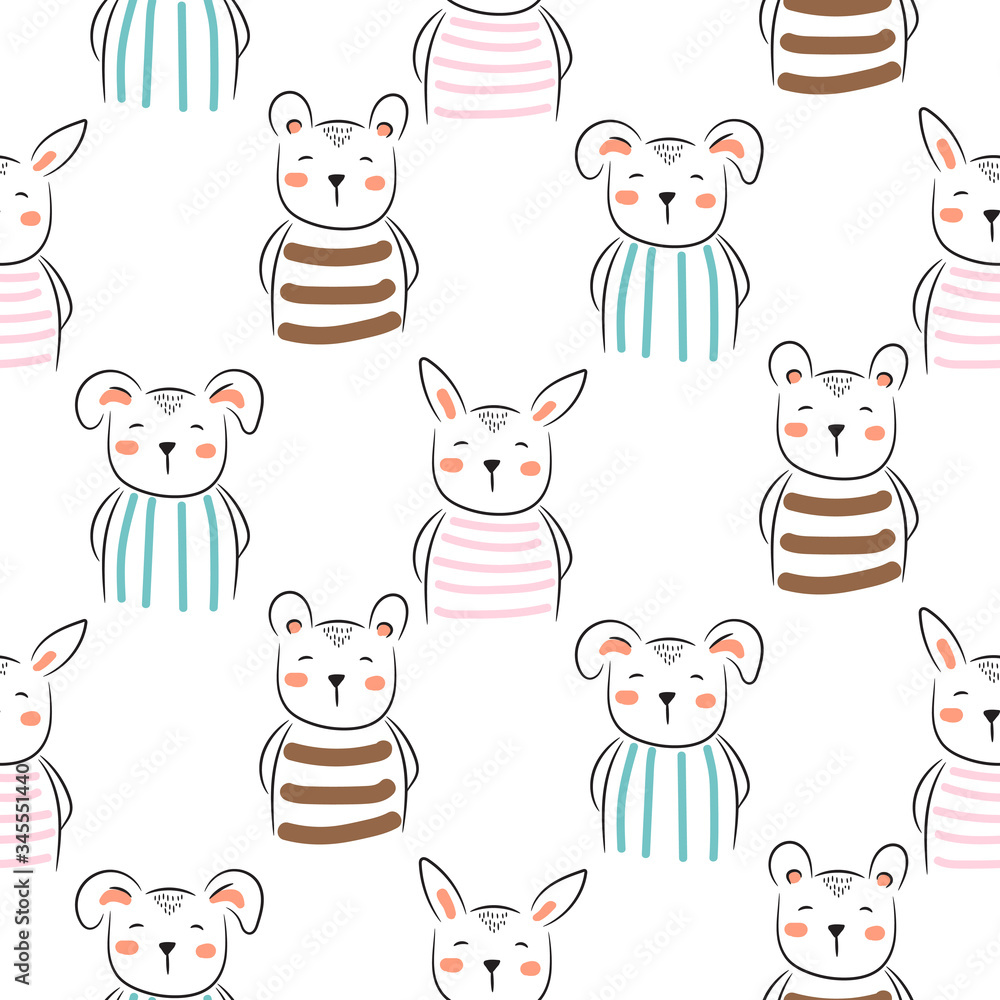 Puppy, bunny and bear cute seamless doodle pattern vector. Childish cartoon background with cheerful animals.