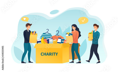 Diverse people Volunteering for Charitable work collecting items and bringing them to a central depot for distribution, colored vector illustration