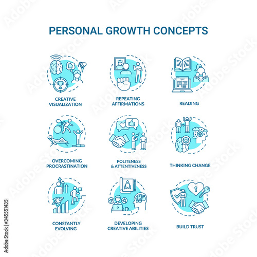Personal growth concept icons set. Self improvement  goals achievement idea thin line RGB color illustrations. Professional and creative development. Vector isolated outline drawings. Editable stroke