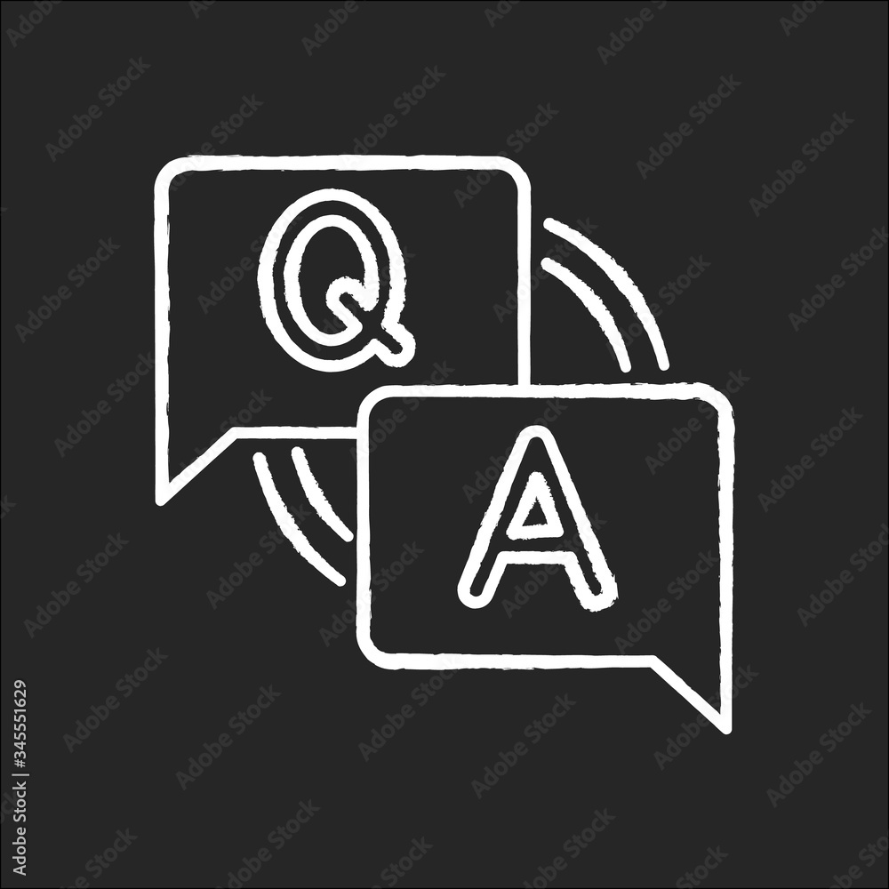 FAQ chalk white icon on black background. Frequently asked questions. Customer support service. Answers for clients. Letters in speech bubble. Forum discussion. Isolated vector chalkboard illustration FAQ chalk white icon on black background. Frequently asked questions. Customer support service. Answers for clients. Letters in speech bubble. Forum discussion. Isolated vector chalkboard illustration