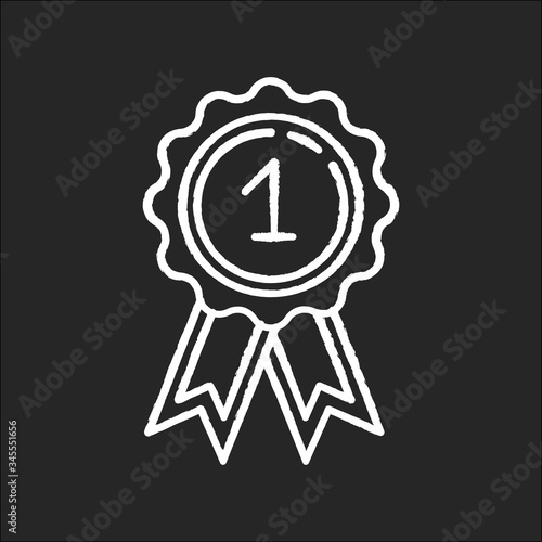 Reward chalk white icon on black background. Winner of first place. Golden standard of quality. Top rank. Bestseller award. Leadership and achievement. Isolated vector chalkboard illustration