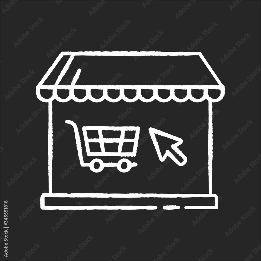 Online store chalk white icon on black background. Internet store for goods and food. E commerce and retail. Smart modern shopping. Purchase groceries. Isolated vector chalkboard illustration Online store chalk white icon on black background. Internet store for goods and food. E commerce and retail. Smart modern shopping. Purchase groceries. Isolated vector chalkboard illustration