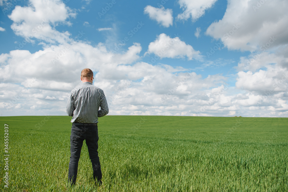 Portrait of farmer standing in young wheat field holding tablet in his hands and examining crop. Portrait of farmer standing in young wheat field holding tablet in his hands and examining crop.