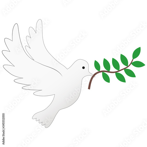 Dove of peace symbol vector illustration. A flying white pigeon holding an olive branch in its mouth. Printable Eps 10 file format on isolated background.