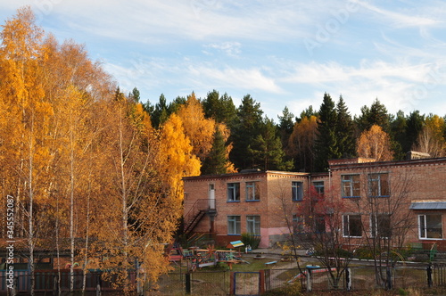 Gold autumn. The view from the window in a village near the city of Tomsk from Siberia in Russia