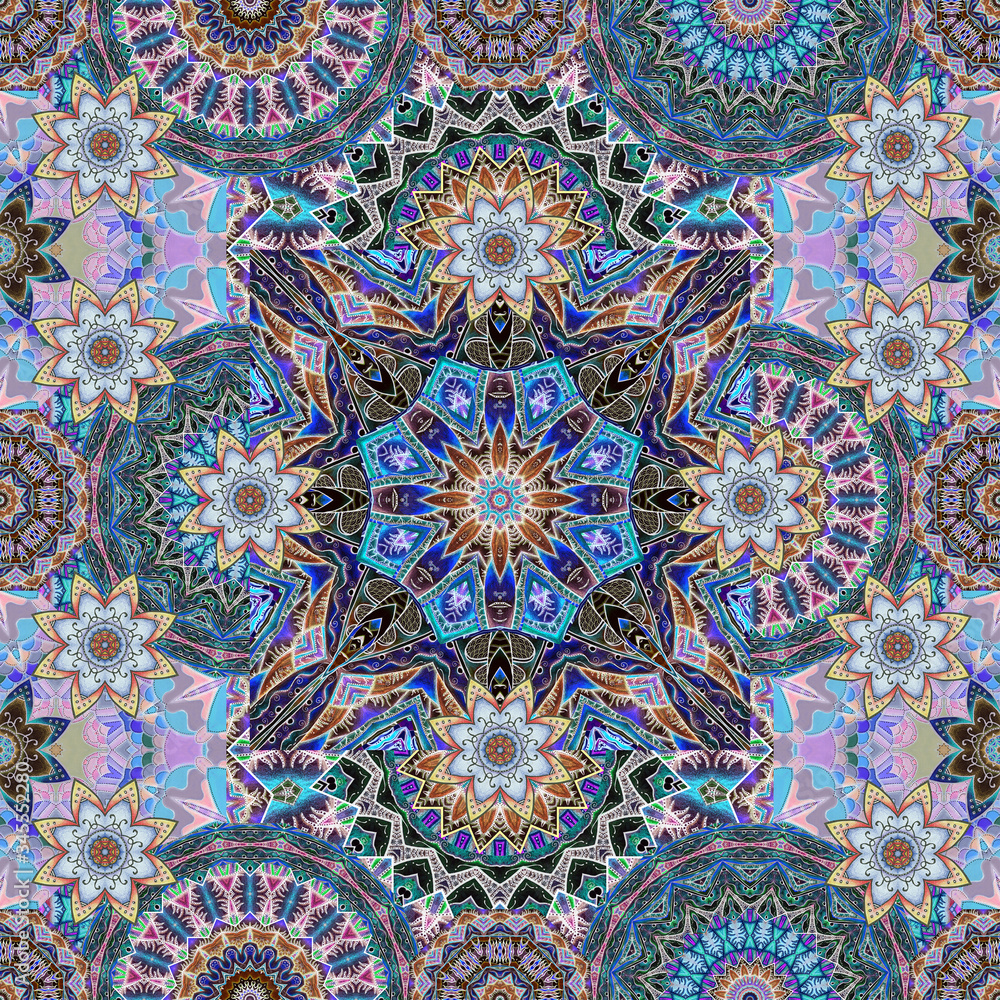 Seamless royal pattern with lotus flowers on a background of multi-colored mandalas. Exquisite fabric print.