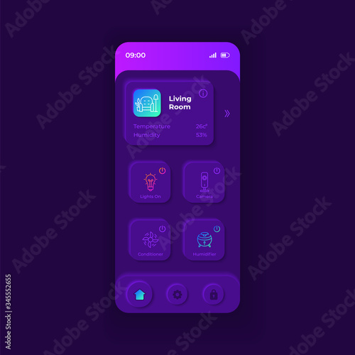 IOT application smartphone interface vector template. Mobile app page dark design layout. Smart living room screen. Flat UI for application. Air conditioning and light control on phone display
