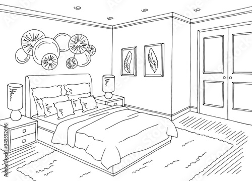 Bedroom graphic black white home interior sketch illustration vector