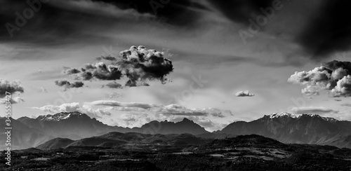 Little Dolomites in Southern Alps with clouds seen from Vicenza (Black and White)