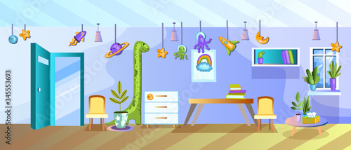 Vector cartoon illustration of empty hospital room for kids with furniture, toys, window, open door, drawer, table and height chart. Background in flat style.